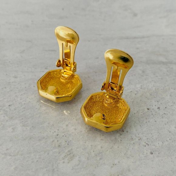 Vintage Christian Dior Black Enamel Rhinestone Earrings Gold Plate Hexagonal 90s - Picture 3 of 5